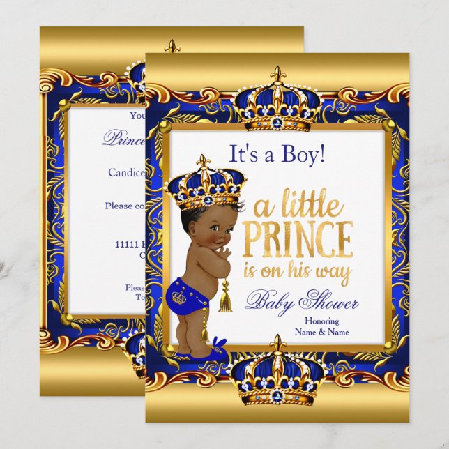 Enic Prince Baby Shower Blue Ornate Guld Inbjudningar (Fram/baksida)