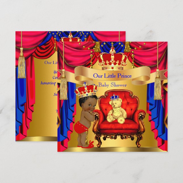 Enic Prince Baby Shower Guld Bear Red Blue Inbjudningar (Fram/baksida)