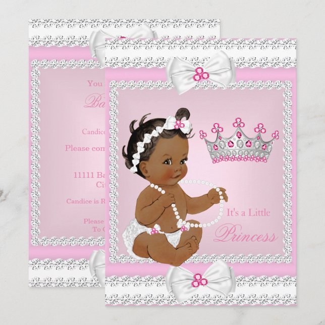 Enic Princess Baby Shower Rosa White Pearls Bows Inbjudningar (Fram/baksida)