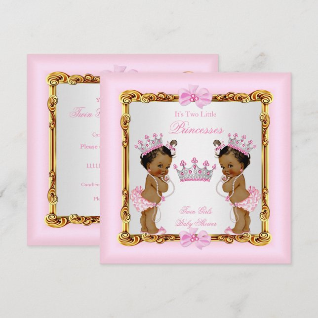 Enic Twin Girls Princess Baby Shower Guld Rosa Inbjudningar (Fram/baksida)