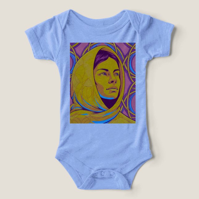 Enigmatic Brazilian Woman in Vibrant Pop Art T Shirt (Design Framsida)