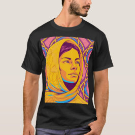 Enigmatic Brazilian Woman in Vibrant Pop Art T Shirt