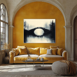 Enigmatic Bridge Amidst Foggy Refltions in B&W Poster