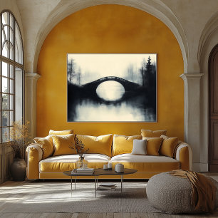 Enigmatic Bridge Amidst Foggy Refltions in B&W Poster