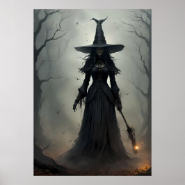 Enigmatic Witch i en Mörk, Eerie Forest Poster