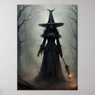 Enigmatic Witch i en Mörk, Eerie Forest Poster