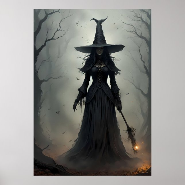 Enigmatic Witch i en Mörk, Eerie Forest Poster (Framsidan)
