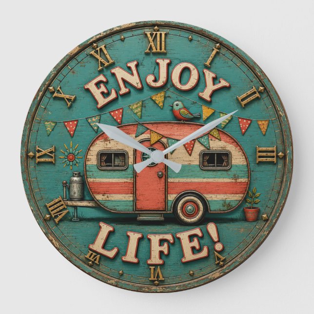 Enjoy Life Camper Rustic Trailer Gift for Campers Stor Klocka (Framsida)