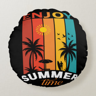 Enjoy Summer Time Retro Beach Tee Rund Kudde