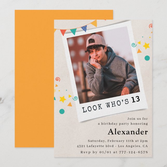 Enkel 13-årsinbjudan Boy Photo Inbjudningar (Fram/baksida)