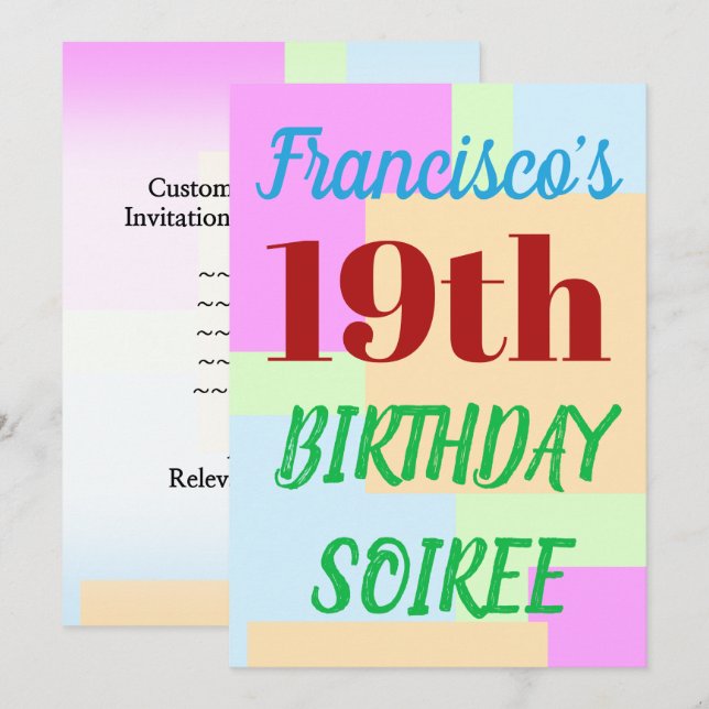 Enkel "19:e BIRTHDAY SOIREE" Inbjudningar (Fram/baksida)