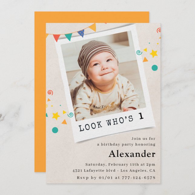 Enkel 1:a födelsedagsinbjudan Boy Photo Inbjudningar (Fram/baksida)