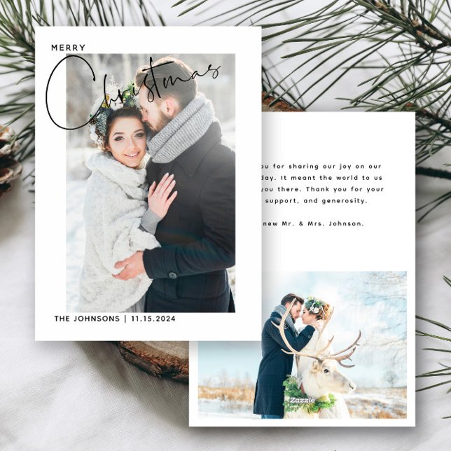 Enkel 1:a julfoto i Bröllop Julkort (Easily personalize this holiday wedding thank you card with 2 wedding photos and your deets!)