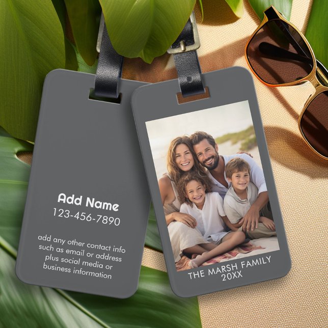 Enkel 1 fotomall - Grått Gräns och text Bagagebricka (Custom Photo Luggage Tag)