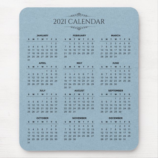 Enkel 2021-kalender för blå Papper | Mousepad Musmatta (Framsidan)