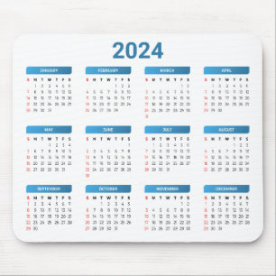 Enkel 2024-årskalender i en snabbblå och vit kalen musmatta