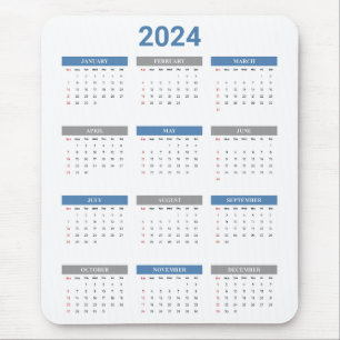 Enkel 2024-årskalender i en snabbblå och vit kalen musmatta