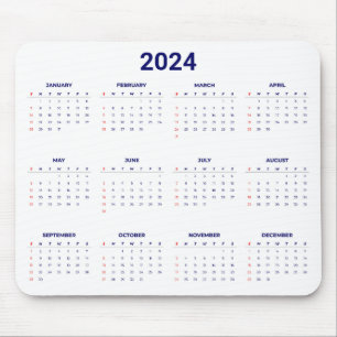 Enkel 2024-årskalender i en snabbblå och vit kalen musmatta