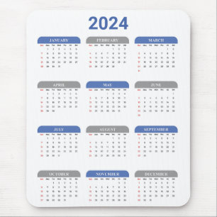 Enkel 2024-årskalender i en snabbblå och vit kalen musmatta