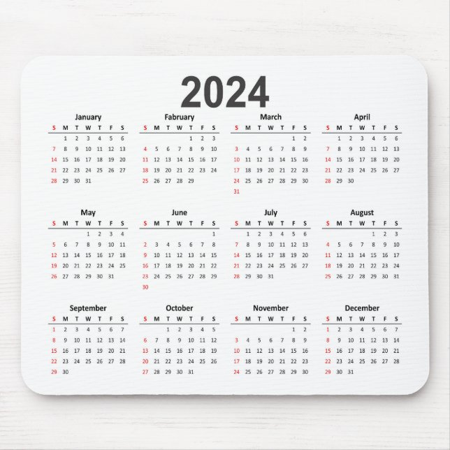 Enkel 2024-vitbaserad kalender musmatta (Framsidan)