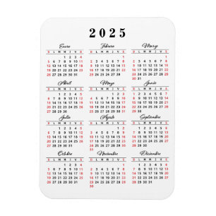 Enkel 2025-kalender på spanska White Black Red Magnet