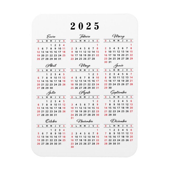 Enkel 2025-kalender på spanska White Black Red Magnet (Vertikal)