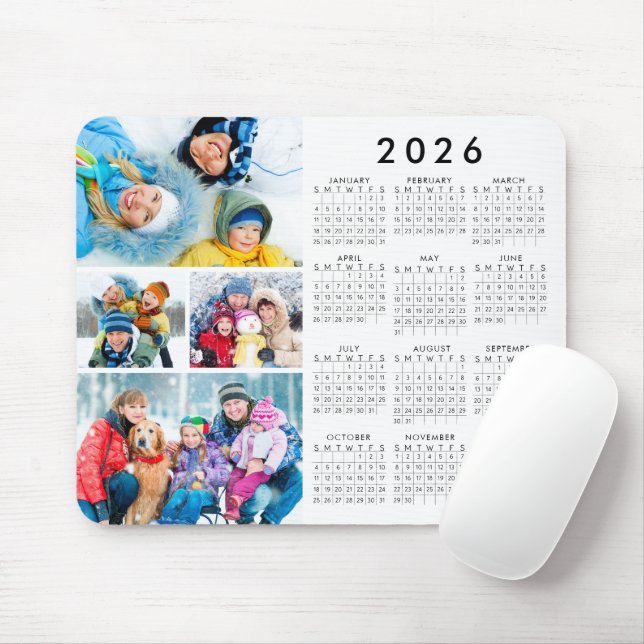 Enkel 2026-kalender 4 fotokollage musmatta (Med mus)