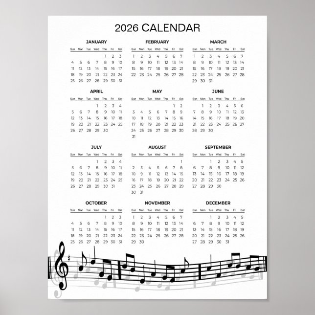 Enkel 2026-kalender med musiknoter |  poster (Framsidan)