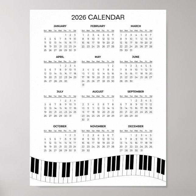 Enkel 2026-kalender med pianotangentbord |  poster (Framsidan)