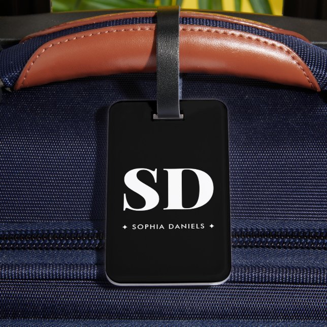 Enkel 2 Monogram initial Retro Black White Bagagebricka (Baksida Insitu 4)