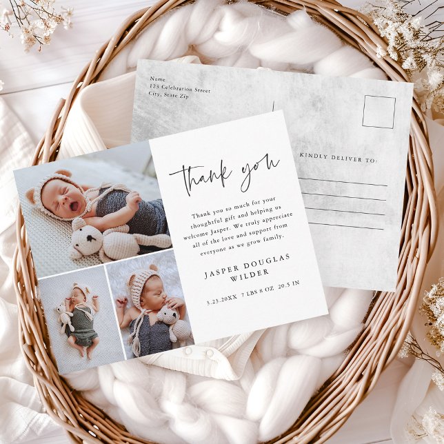 Enkel 3-foto babyannonsering tackkort vykort (Simple 3 photo collage baby announcement thank you postcard. )