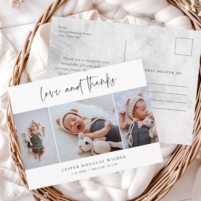 Enkel 3 Foto Kärlek och Tacksamhet Baby Tack Vykort (Simple 3 Photo Script Love and Thanks Baby Announcement Thank You Postcards.)