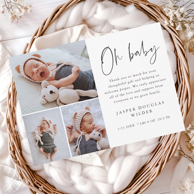 Enkel 3 Foto Oh Baby Tack Kort (Simple 3 photo oh baby announcement thank you cards.)