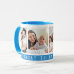 Enkel 4 fotokollage-familjens citattecken ljusblå mugg<br><div class="desc">Utforma ett eget anpassat mugg med bilder av familj för att göra det till en unik nyckelfråga." Familjen är allt...  "citattypografi gör det speciellt."</div>