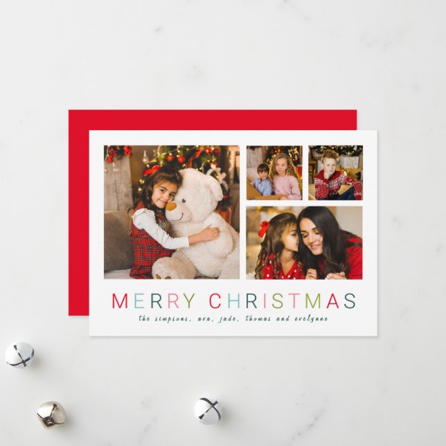 Enkel 4 fotokollage färgstark God jul  Julkort (Fram/Back In Situ)