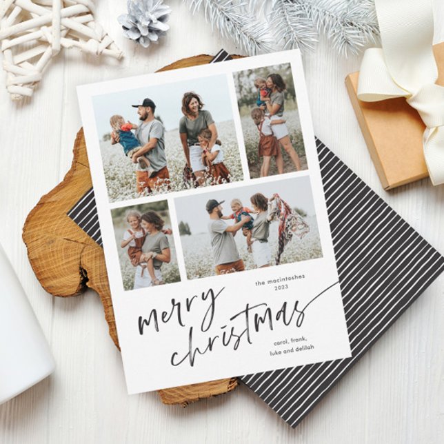 Enkel 4 fotokollage God jul Julkort (Modern script merry christmas 4 photo collage minimal black and white Christmas holiday card.)