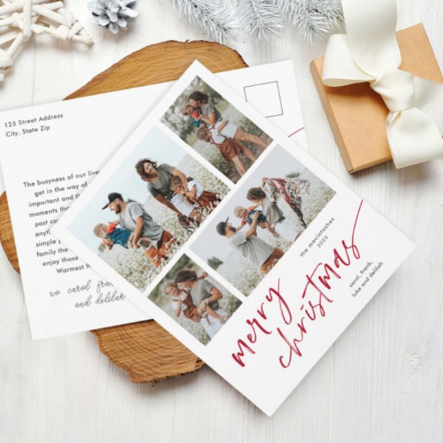 Enkel 4 Fotos Kollage Script God Jul Helg Vykort (Modern handwritten script 4 photo collage red and white merry Christmas holiday postcard.)