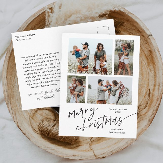 Enkel 4 Fotos Kollage Script God Jul Helg Vykort (Modern script black and white merry christmas 4 photo collage holiday postcard.)