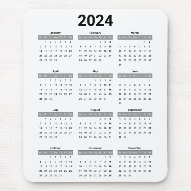 Enkel amerikansk svartvit 2024 års kalender musmatta (Framsidan)