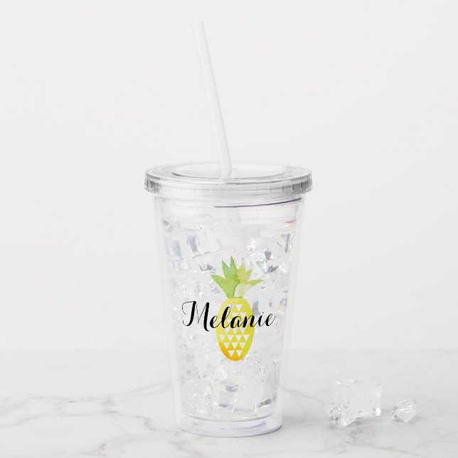 Enkel ananas Gult Grönt Vattenfärg Namn Take Away Mugg (Framsida Ice)