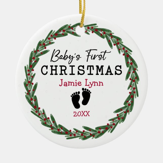 Enkel andningsröd Grönt Baby Första jul Julgransprydnad Keramik (Framsidan)