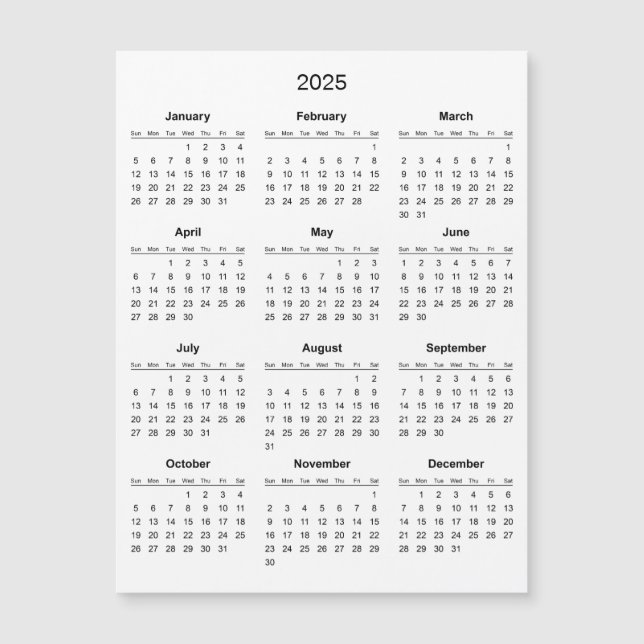 Enkel ännu Elegant 2025-kalender | Magnetkort (Framsida)