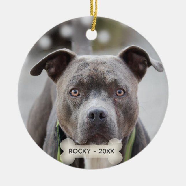 Enkel anpassad Pit Bull Hund Foto Julgransprydnad Keramik (Framsidan)