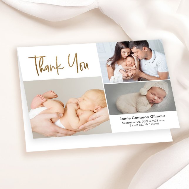 Enkel Anpassningsbar baby-foto för födelseinformat Tack Kort (Baby thank you photo collage birth announcement folded card.)