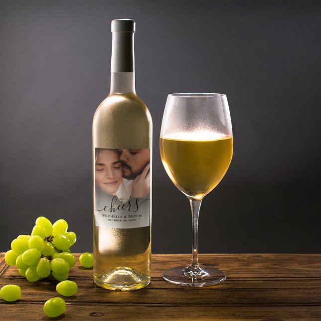 Enkel Anpassningsbar för fotoskript i Bröllop Vinflaska Etikett (Wedding wine label with elegant calligraphy script and photo template. )
