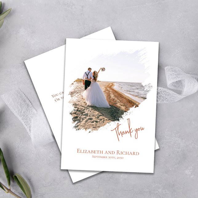 Enkel Anpassningsbar för Photo Bröllop Tack Kort (Elegant photo with brush stroke effects wedding thank you card.)