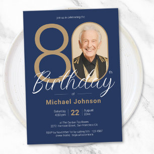 Enkel Anpassningsbar Foto Guld Navy Blue 80 Birthd Inbjudningar