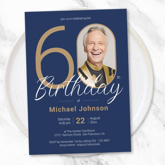 Enkel Anpassningsbar Fotoflottan Blå 60:e födelsed Inbjudningar (Simple Custom Photo Navy Blue 60th Birthday Invitation)