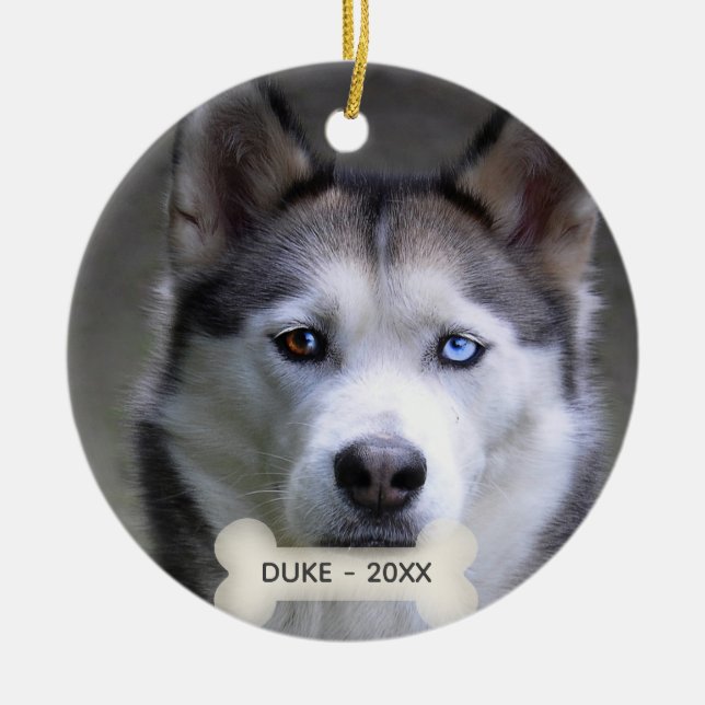 Enkel Anpassningsbar Husky Hund Photo Julgransprydnad Keramik (Framsidan)