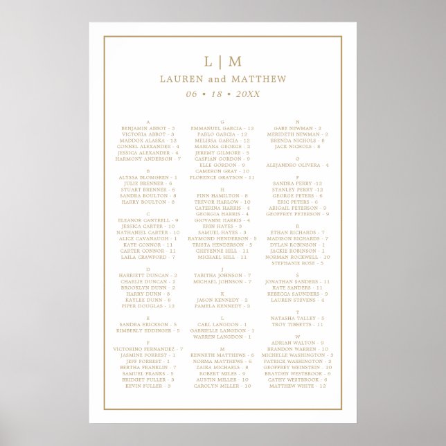Enkel Antik Guld Monogram Bröllopsplatskarta Poster (Framsidan)